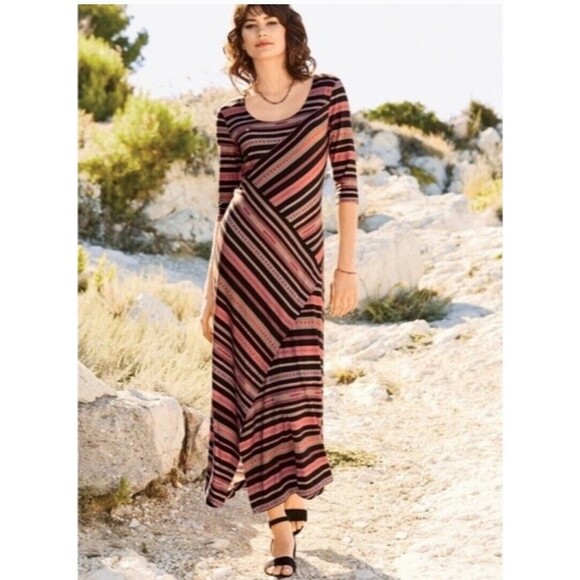 Peruvian Connection Altiplano Jersey Knit Striped Maxi Dress Small Asymmetrical - Picture 1 of 11